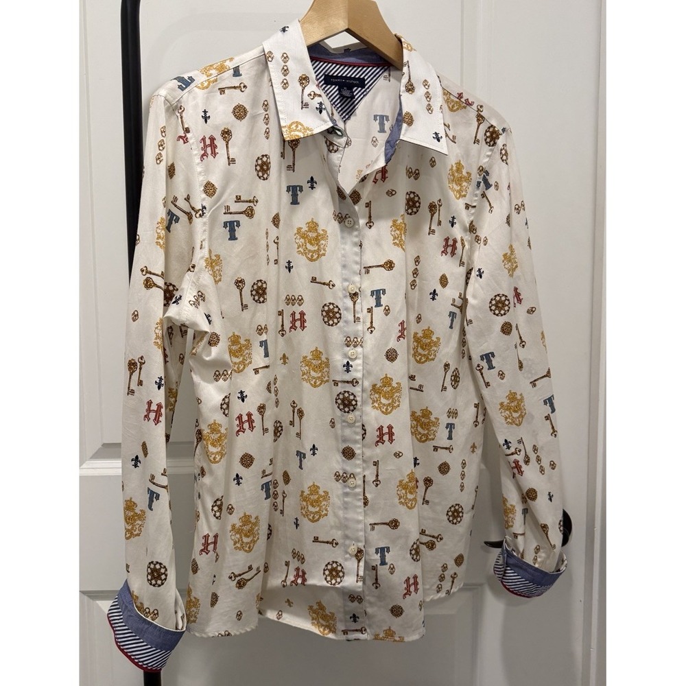 Tommy Hilfiger Women's Button Down Key Pattern Long Sleeve Collared Accent Cuff